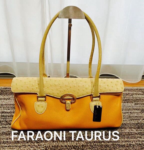 【未使用】TAURUS FARAONI イタリア製 オーストリッチ レザー ハンドバッグ 肩掛け ゴールド金具