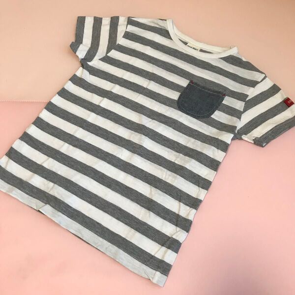 130cm 灰色×白色 ボーダー Tシャツ 半袖 胸ポケット