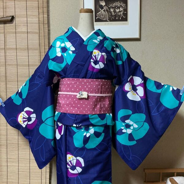 ブルー 単衣 縦絽 夏着物 化繊 洗える着物 M L 花柄 モダン 着物