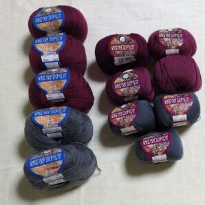 毛糸 パピー 3PLY 5玉&2PLY 7玉(内ワイン1玉使いかけ) 計12玉 ワイン グレー