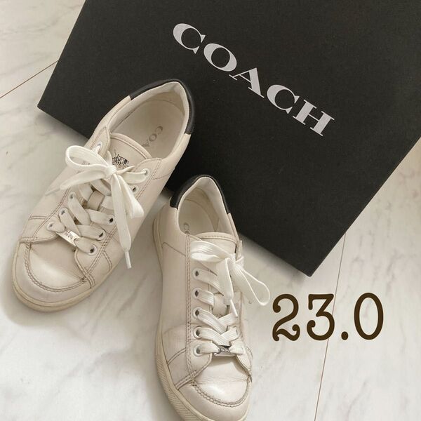 COACH コーチ スニーカー 23cm 白 ホワイト×ネイビー 革靴 シューズ 本革