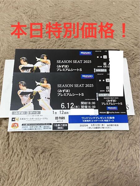 【交流戦】6月12日(木) みずほPayPayドーム ホークスvs巨人 みずほプレミアムシートS 2枚(連番)
