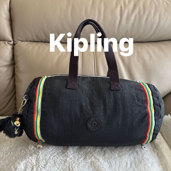 【Kipling】キプリング ドラム型 ボストンバッグ 黒 チャーム付 レア品 旅行にも