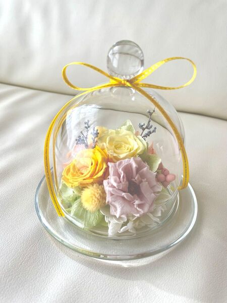 **..レモンイエローの可愛いガラスドーム..**.プリザーブドフラワー お花の贈り物