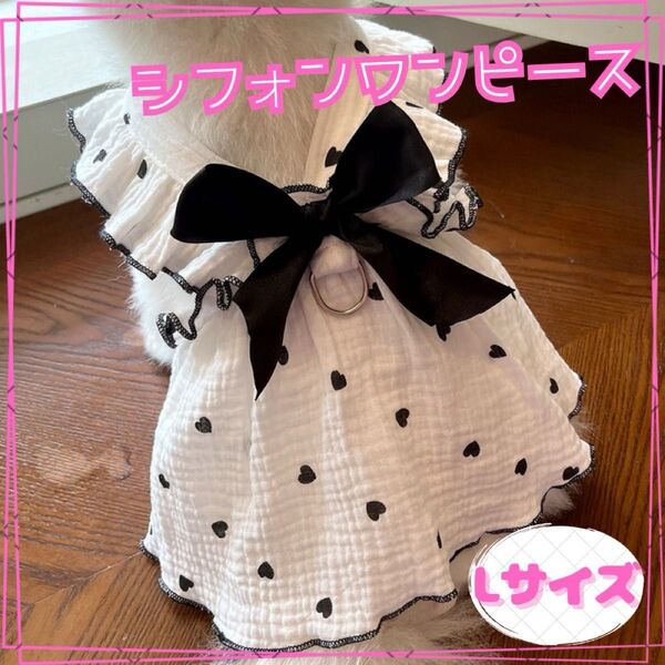 犬服 Lサイズ リボン ワンピース ドット 犬用 小型犬 ワンピース Dカン付き