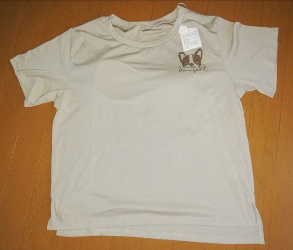 スリット入り☆パット入り☆半袖Tシャツ L☆ワンちゃん柄☆新品☆ベージュ☆dog