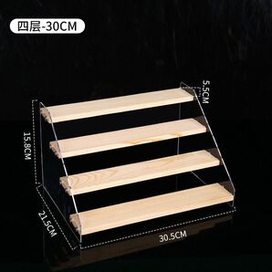 アクリル陳列、展示台、アクリル 階段 ディスプレイケース ショーケース クリアケース ひな壇 木製 組み立て簡単 幅30cm 4段