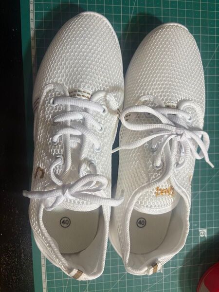白シューズ。ダンスシューズと書いてありましたがとてもスマートで軽いので普段履けます。40と書かれていて25センチと思います。