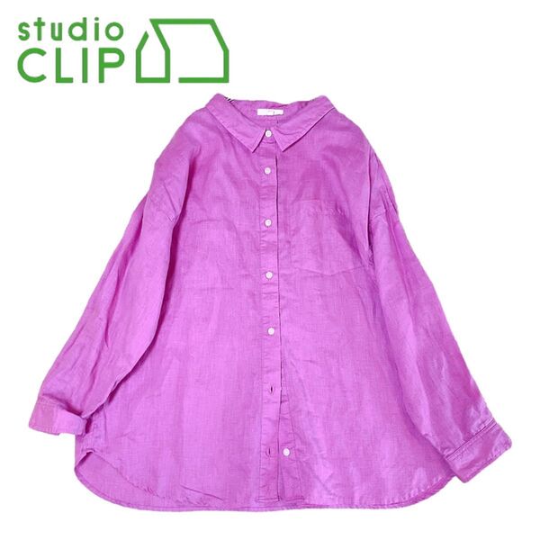 studio CLIP リネンシャツ 大きいサイズ LL ピンク リネン 麻 長袖 ブラウス シャツ