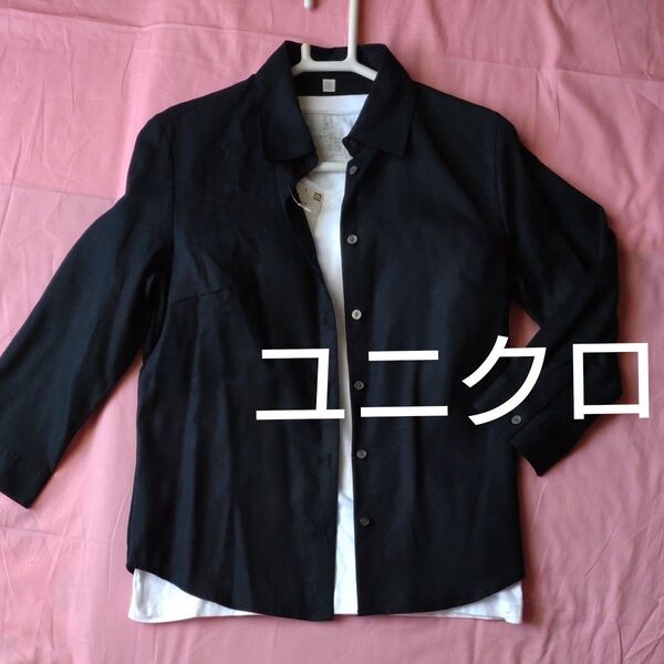【新品】UNIQLOユニクロ トップス コットンリネンブラウス 七分袖 S 麻混 黒 オフィスカジュアル 未使用 さらり 羽織