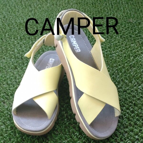 【極美品】CAMPER カンペール 靴 夏サンダル フラットサンダル 39 24.5 クロスストラップ レモンイエロー 着用1回