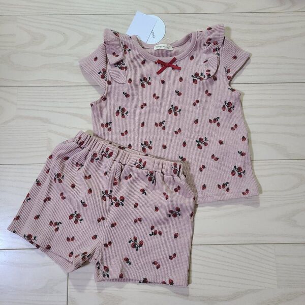 ★新品 Happy walk いちご セットアップ 90cm 女の子 上下セット ピンク 半袖 ショートパンツ 福助