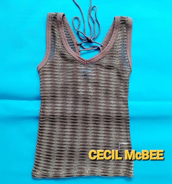 【CECIL McBEE 】メッシュ 編み上げバックデザイン ブラウン系タンクトップ セシルマクビー