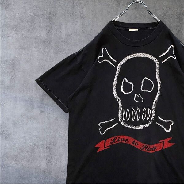 90s ビンテージ Tシャツ スカル シングルステッチ ブラック XL 黒 ドクロ バイカー ハーレー vintage ビンテージ
