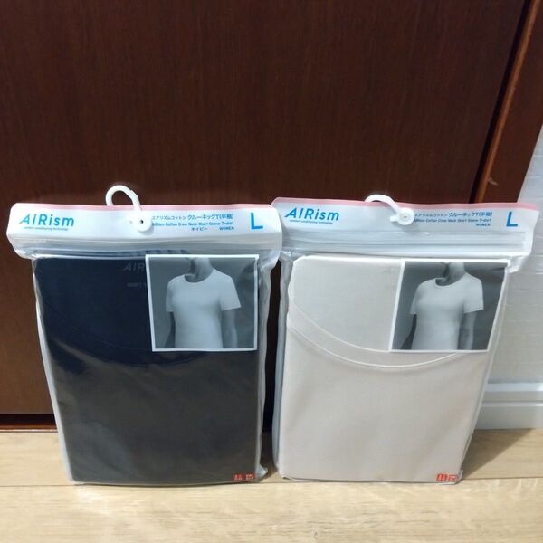 新品 ユニクロ エアリズム コットン クルーネック半袖 Tシャツ インナー L 2枚セット ベージュ ネイビー AIRism