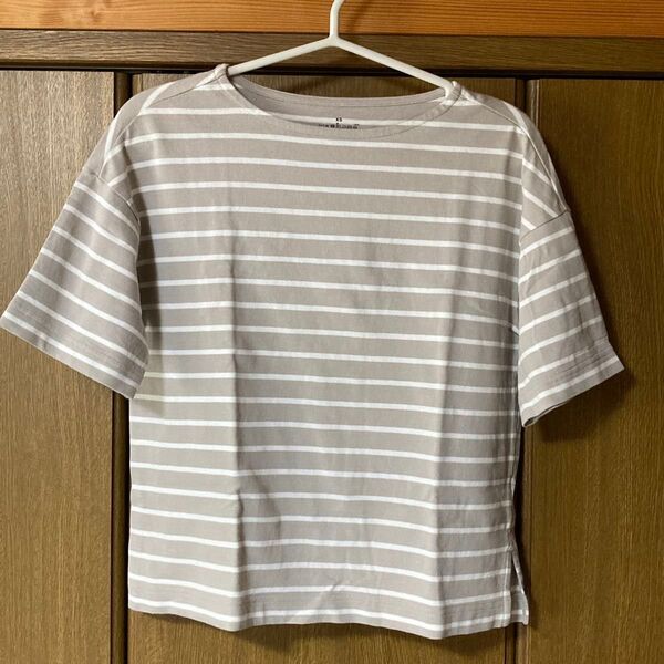 無印良品 ボーダーボートネック 半袖Tシャツ 婦人XS・サンドベージュ太ボーダー