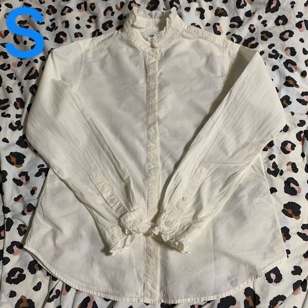 UNIQLO ユニクロ INES イネス コットンフリルシャツS 長袖シャツ オフホワイト スタンドカラー