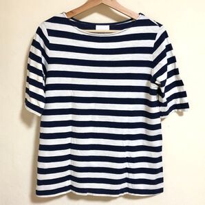 フェリシモ 5分袖ボーダーカットソー オフホワイト×ネイビー トップス ボートネック
