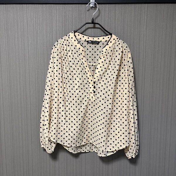 ZARA ザラ シアーブラウス 長袖 Lサイズ 長袖シャツ カットソー パフスリーブ ドット柄 ベージュ ギャザー