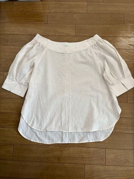 【美品】アースミュージック&エコロジー ランダムストライプブラウス ベージュ フリーサイズ