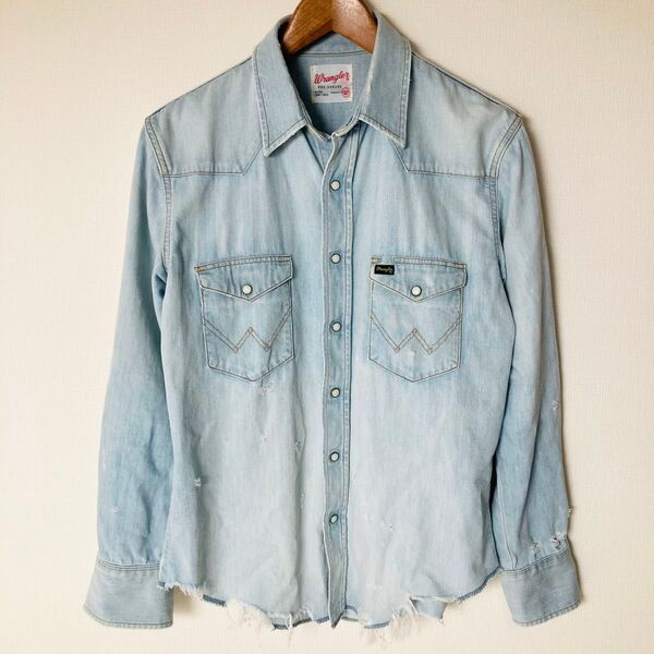 70s 復刻 Wrangler ラングラー ウエスタン デニムシャツ ダメージ加工 Mサイズ シャンブレー