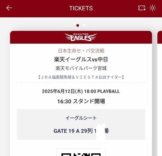 楽天イーグルス チケット 6月12日 中日 楽天モバイルパーク