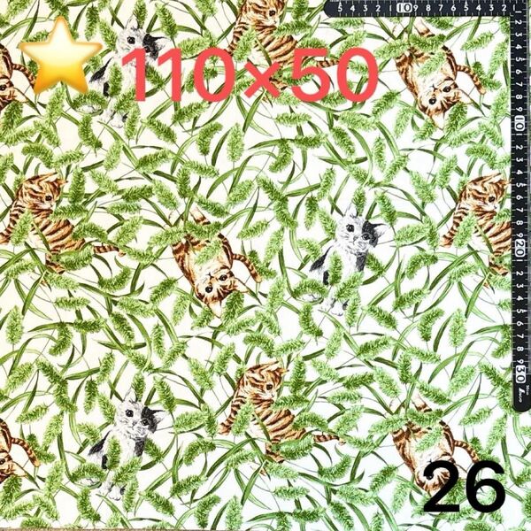 ★26生地/猫柄(白)【110cm×50cm 】(★マーク生地どれでも3点999円)