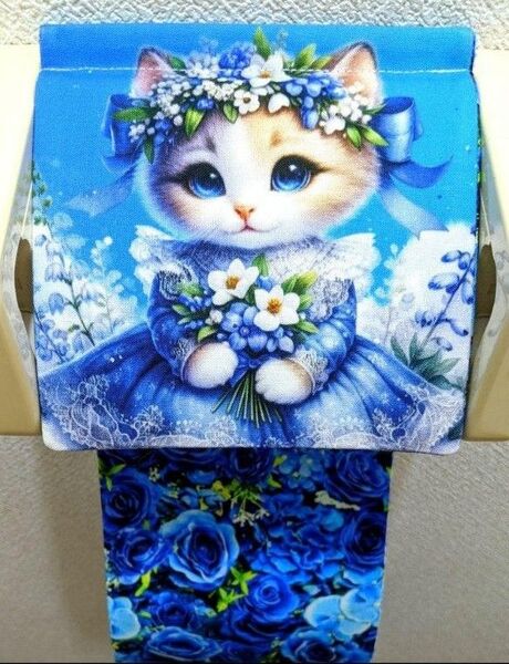 トイレットペーパーホルダー カバー 猫 動物 幻想 薔薇 青 花 インテリア 雑貨 日用品 収納 生地 ハンドメイド 水玉 花冠