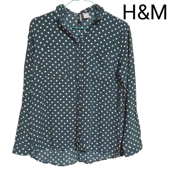 エイチアンドエム 春 長袖シャツ レーヨン レディース 水玉 ドット 深緑 H&M シャツ