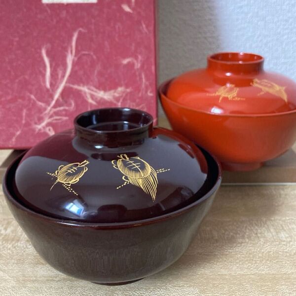 川連塗 吸物碗 2客セット|鶴亀デザイン 秋田伝統工芸 漆器 和食器 木製 お椀 蓋つき 夫婦椀