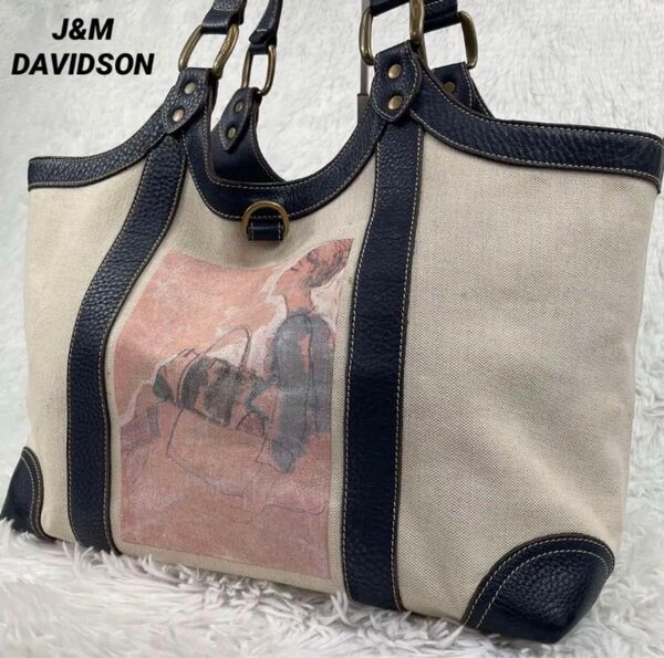 希少 J&M DAVIDSON トートバッグ レザー×キャンバス プリント ハンドバッグ ワンショルダー 肩掛け