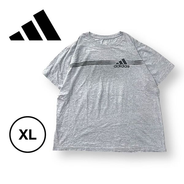 古着 アディダス フロントロゴ プリントTシャツ 大きめサイズ グレー XL 半袖Tシャツ