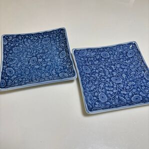 大皿2枚セット 菊 唐草模様 藍色