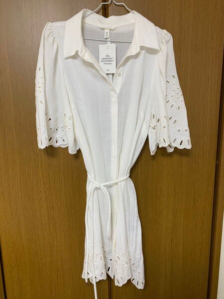 ワンピース シャツワンピース 白 ブラウス レース 半袖 H&M M