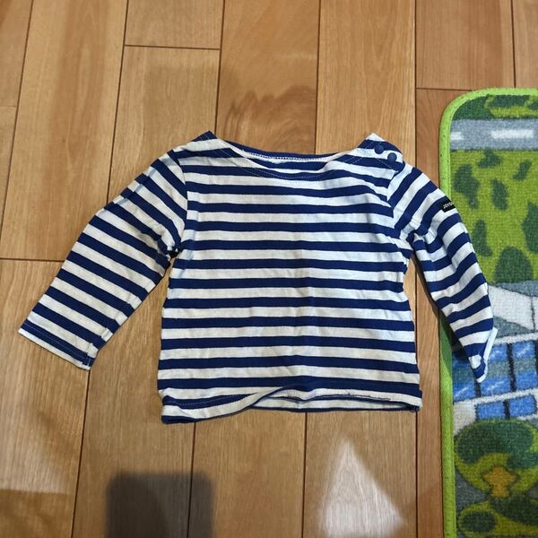長袖カットソー 白と青のストライプ 60-70cm ボーダー ロンT キッズ トップス カットソー Tシャツ