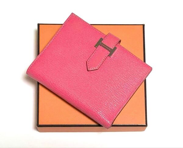 未使用☆エルメス HERMES 折財布 ベアン コンパクト BEARN ローズリップスティック ピンク シェーブル シルバー金具