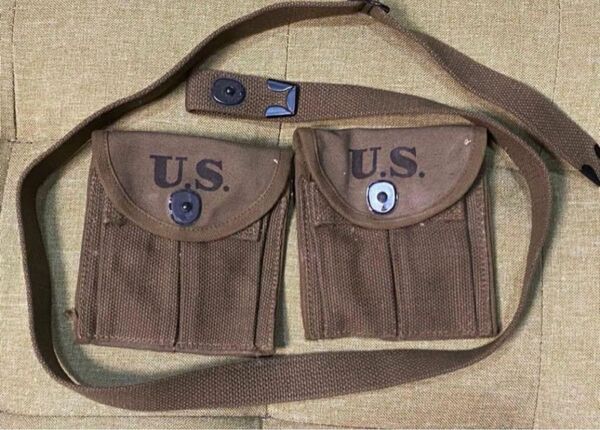 実物 第二次世界大戦 米軍M1カービン用スリングベルトと1943マガジンポーチ2個セット。 サバゲ 陸風 海兵隊 レンジャー