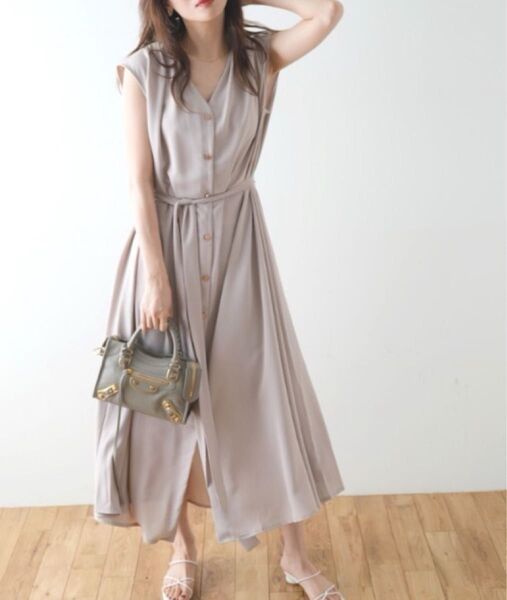 Futier land ノースリーブワンピース ベージュ Vネック 春夏 半袖ロング マキシ丈フレンチスリーブ 手洗い