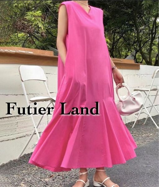 Futier Land(フューティアランド)バックWリボンカラーワンピース Vネックフレアカラーワンピース ピンク ノースリーブ