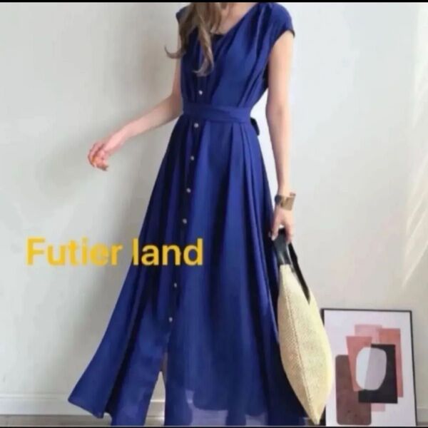 Futier land ノースリーブワンピース 青 ブルー Vネック 夏 半袖ロング マキシ丈フレンチスリーブ