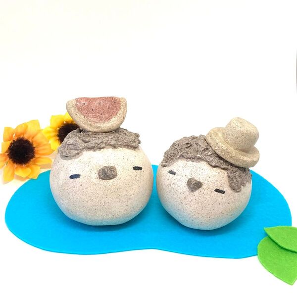 「仲良しシマエナガさんの夏オブジェセット」スイカと麦わら帽子でプールへGO!玄関インテリア 陶器の置物 かわいい置き物