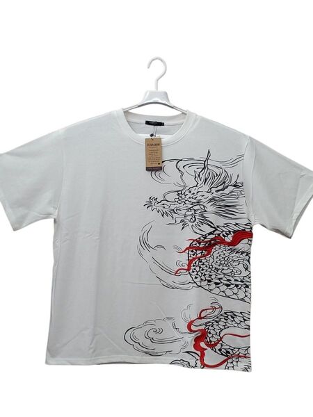 4L 龍 ドラゴン デザイン Tシャツ ホワイト刺繍 半袖 白