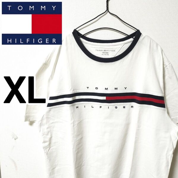 トミーヒルフィガー ホワイト 半袖Tシャツ 刺繍ロゴ 人気デザイン 男性XL カットソー TOMMY HILFIGER