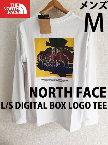 メンズM 新品ノースフェイスL/Sロングスリーブデジタルボックスロゴティー長袖TシャツロンT白Wホワイト