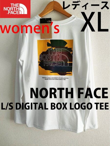 レディースXL 新品ノースフェイス ロングスリーブデジタルボックスロゴティー長袖Tシャツ白ロンTホワイト