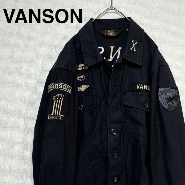 VANSON バンソン ミリタリージャケット モーターサイクル ワッペン 刺繍 パッチ スカル 骸骨 ブラック M