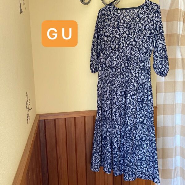 GUペイズリープリントティアードワンピース 七分袖 ロング丈
