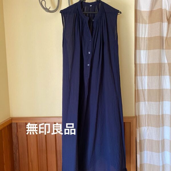 無印良品 コットン ワンピース ノースリーブ 衿元ギャザー Aライン ブラック