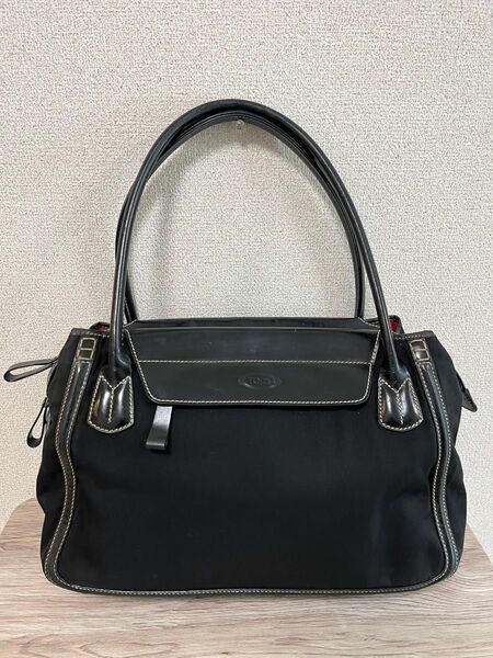 TOD'S トッズ トートバッグ A4 ナイロン×レザー ブラック フォーマル ハンドバッグ