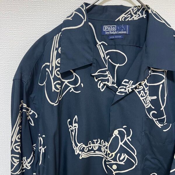 【POLO RALPH LAUREN】ポロラルフローレン サックスフォーン オープンカラー アロハシャツ レーヨン